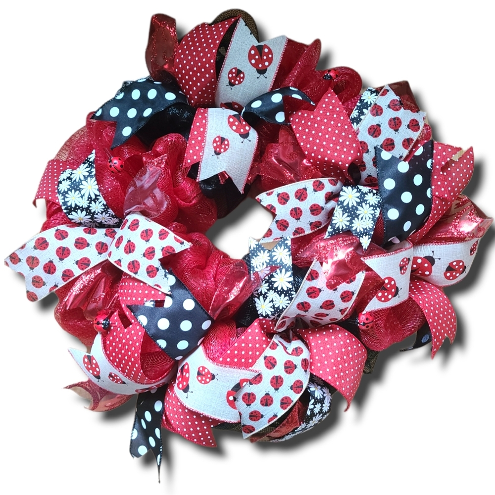 🐞 CUTE HANDMADE LADYBUG DECO MESH WREATH SPRING SUMMER